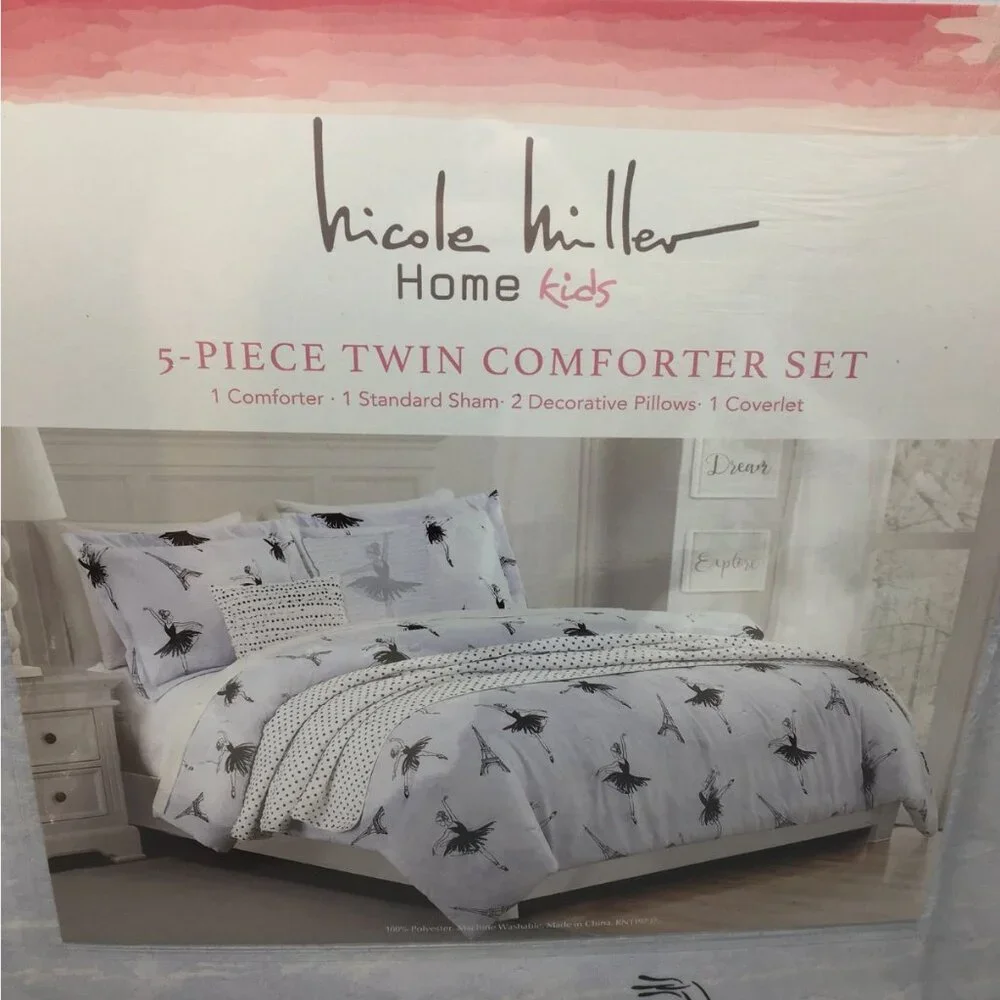 5pc Nicole Miller Ballerina TWIN Comforter Set Lavender Paris Eiffel Tower Dance
